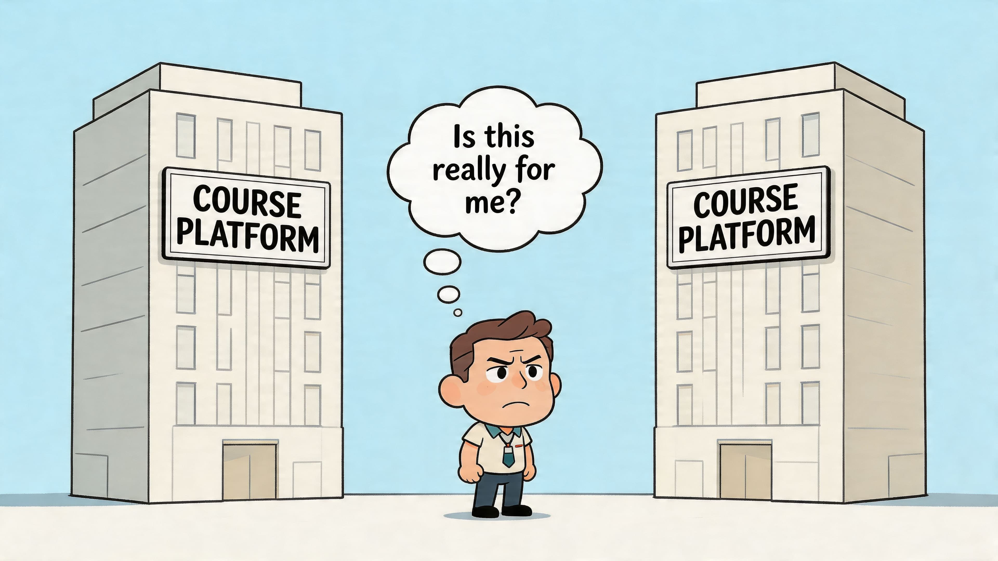 A cartoon man standing between two course platform buildings, feeling unsure about choosing the right platform.