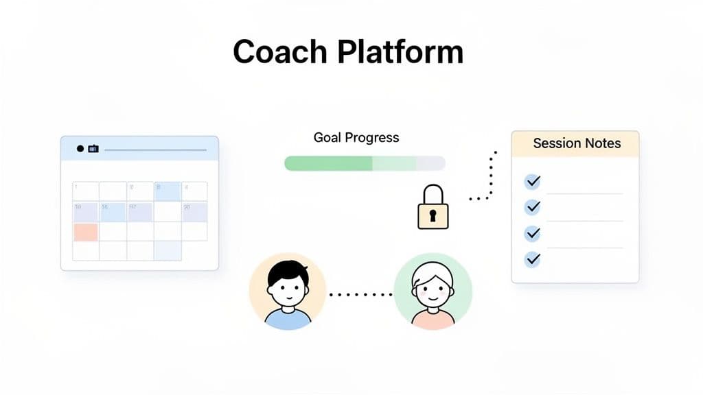 A diagram of a coaching platform showing goal progress, calendar, secure lock, and session notes.