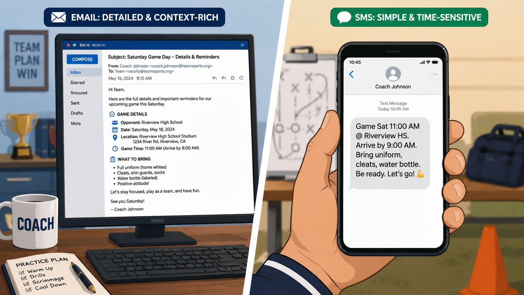 A split-screen illustration showing a detailed email and a concise SMS reminder for a sports event.