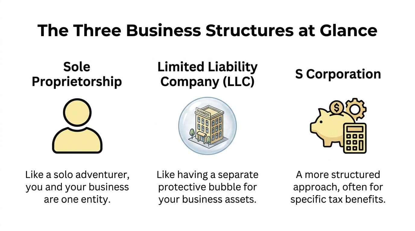 A visual comparison infographic showing three business structures: sole proprietorship, limited liability company, and S corporation.
