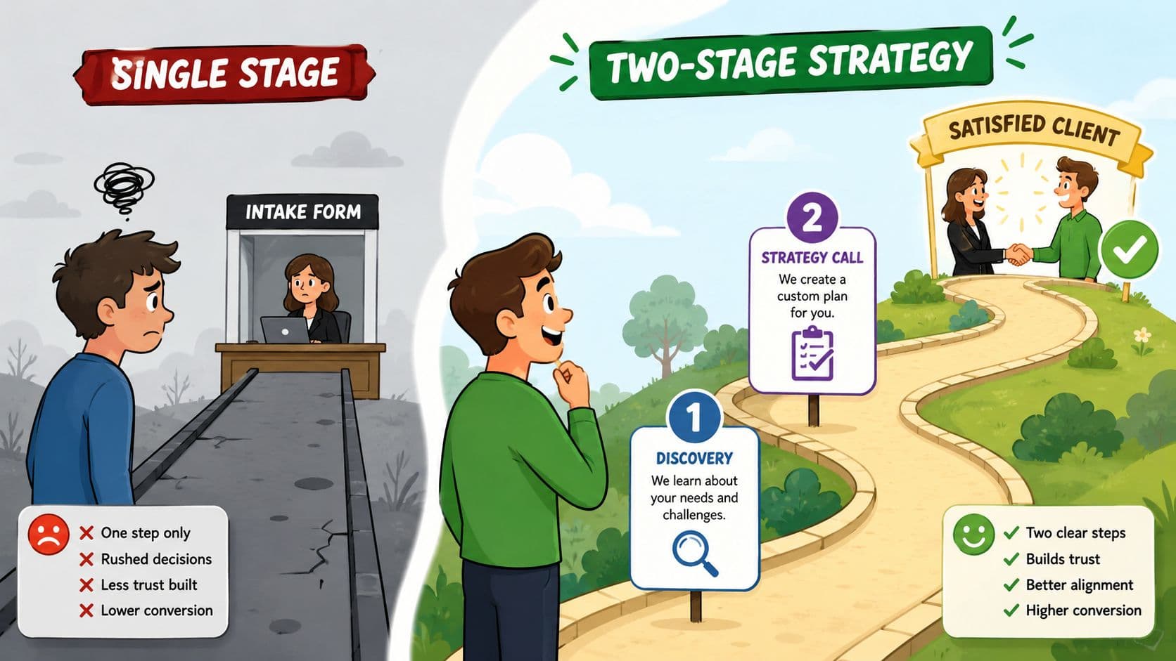 A split image contrasting a stressful single stage intake form process with a successful two-stage client strategy.