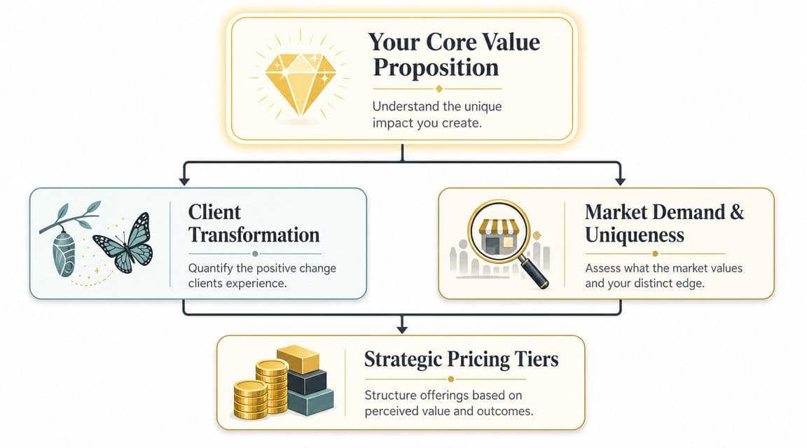 A flow chart illustrating how core value, client transformation, and market uniqueness lead to strategic pricing tiers.
