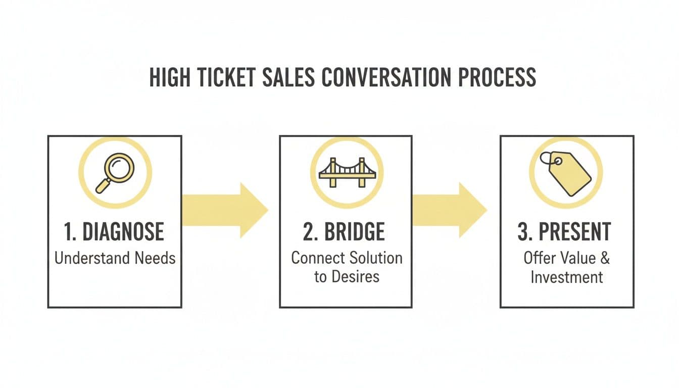 Diagram illustrating the 3-step high ticket sales conversation process: Diagnose, Bridge, and Present, with icons.