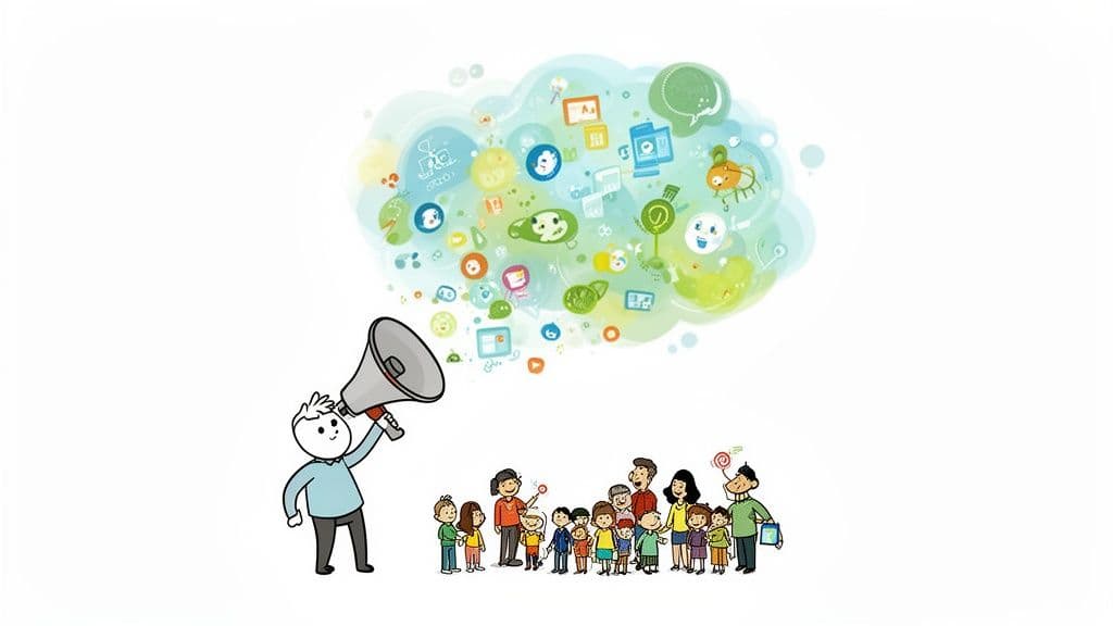 A cartoon illustration shows a person using a megaphone to broadcast various social media and internet icons.