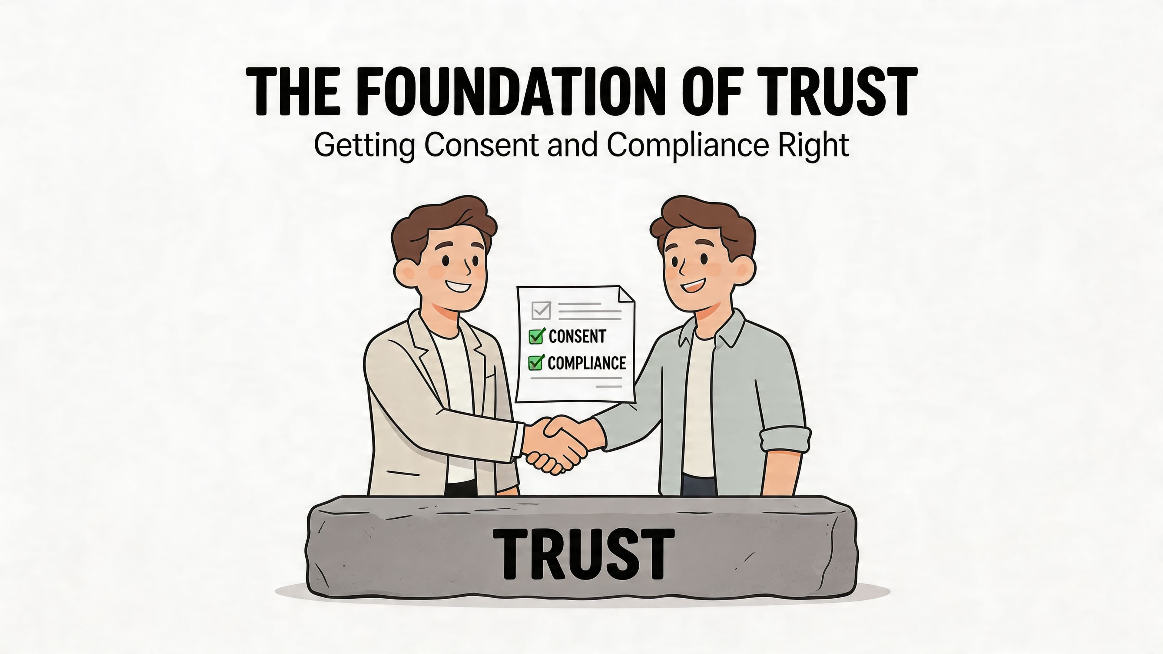 Two professional men shaking hands over a foundation stone labeled trust, signifying consent and compliance agreement.