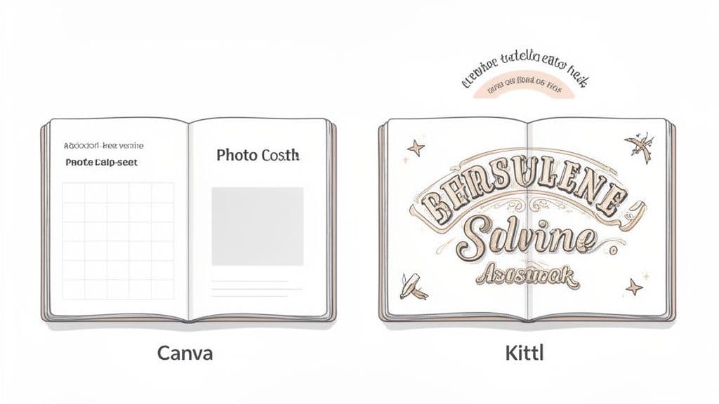 Two open notebooks side-by-side illustrating different design styles from Canva and Kittl design tools.
