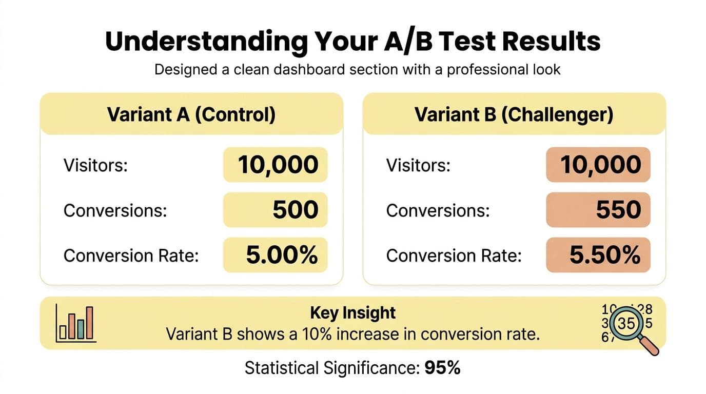 A comparison dashboard infographic showing A/B test results for a control version and a challenger version.