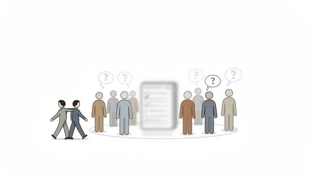 Two figures approach a group of questioning people surrounding a blurred checklist on a smartphone.