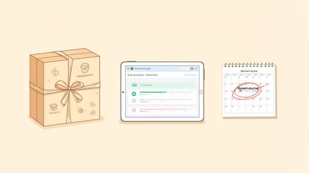 An illustration depicting a gift box, a tablet with a progress bar, and a calendar with a 'Kickoff' date circled.