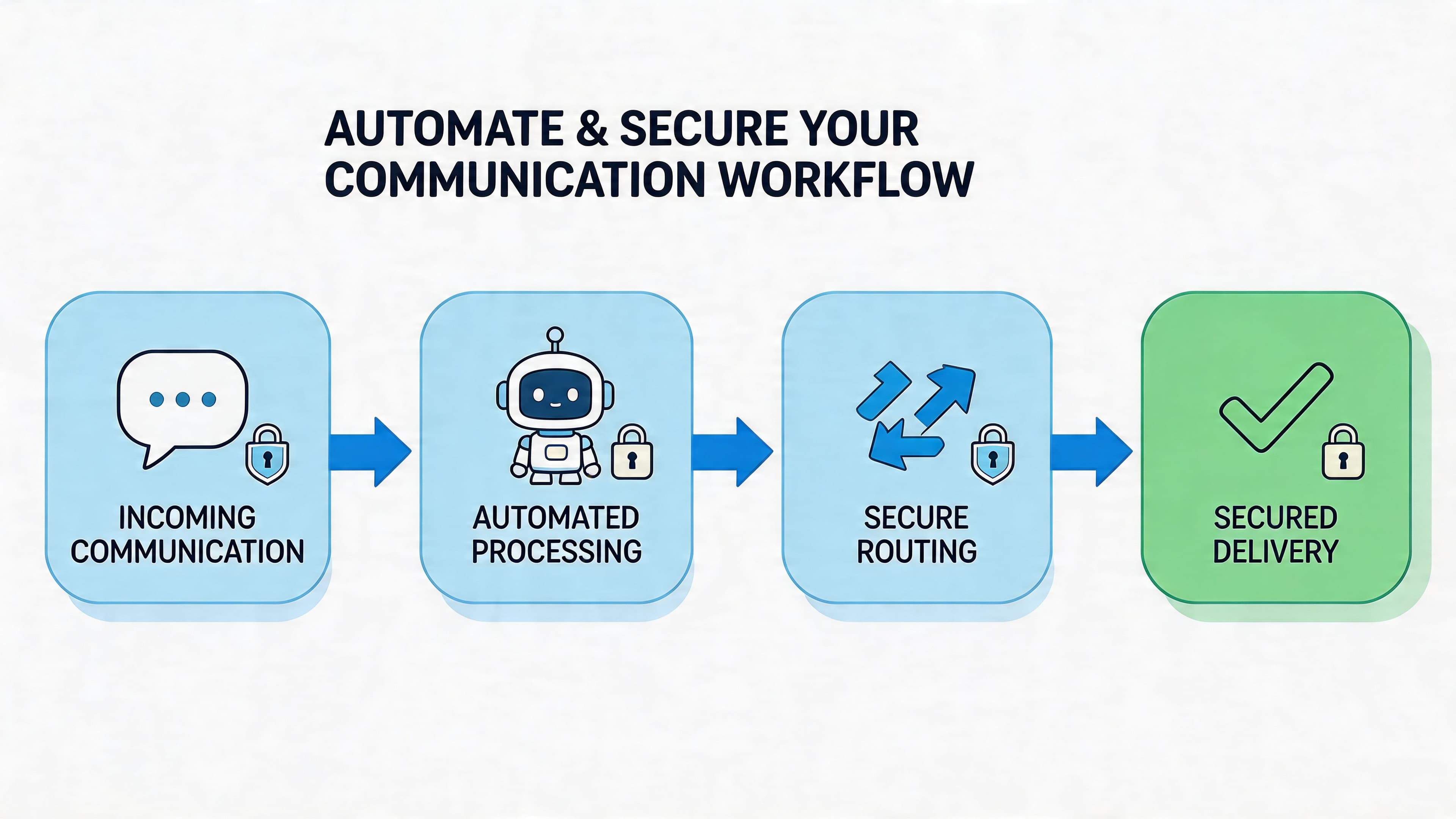 A four-step workflow diagram illustrating automated and secure communication processes from incoming messages to final delivery.