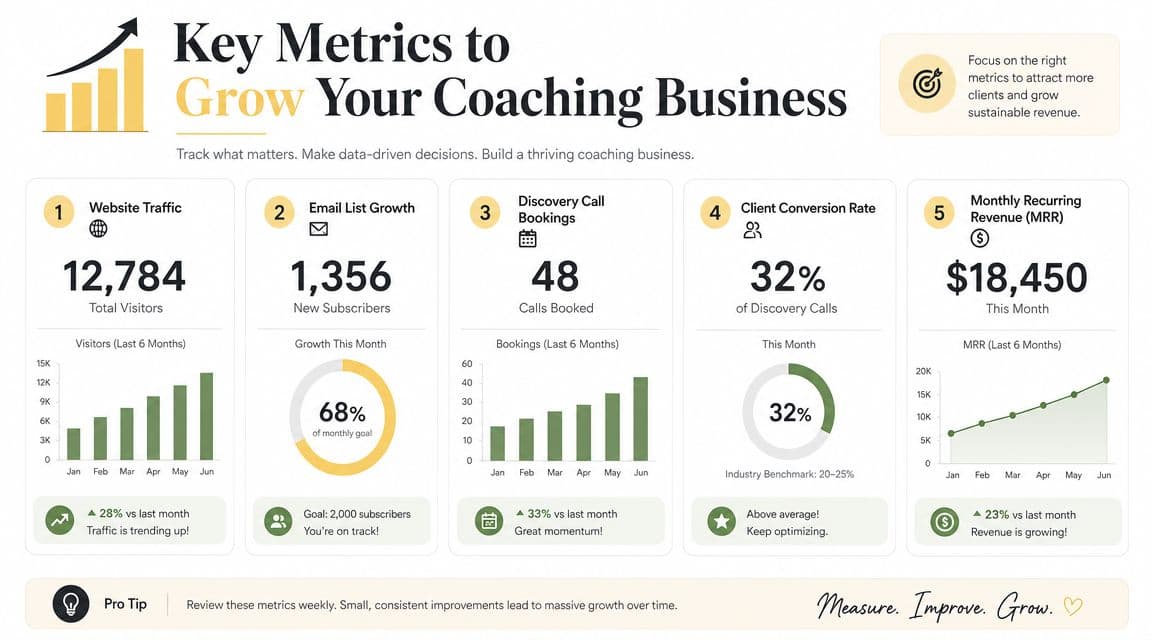 An infographic displaying five key performance metrics for tracking and growing a successful coaching business.