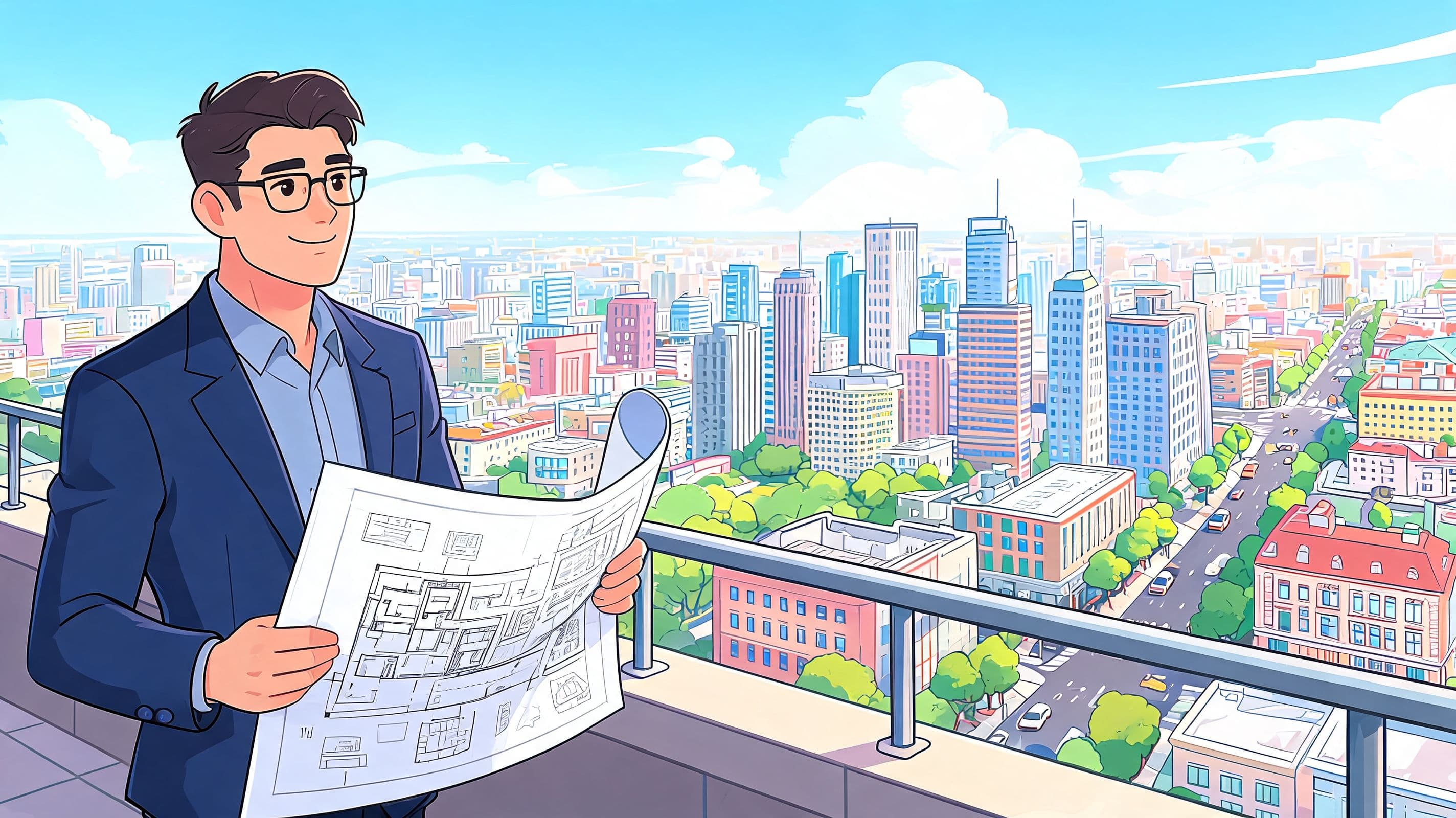 A professional man holding architectural blueprints while standing on a balcony overlooking a vibrant city skyline.