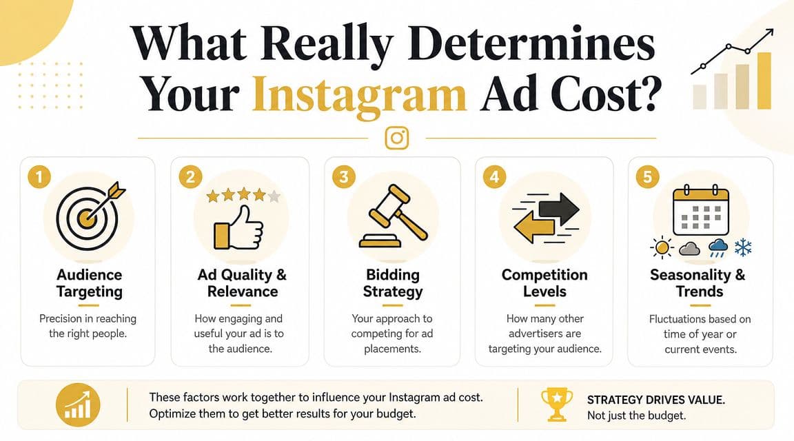 An infographic showing five key factors that influence the cost of advertising on the Instagram platform.