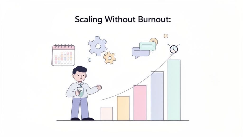 Illustration depicting a man, business icons, and a rising bar graph, symbolizing growth without burnout.