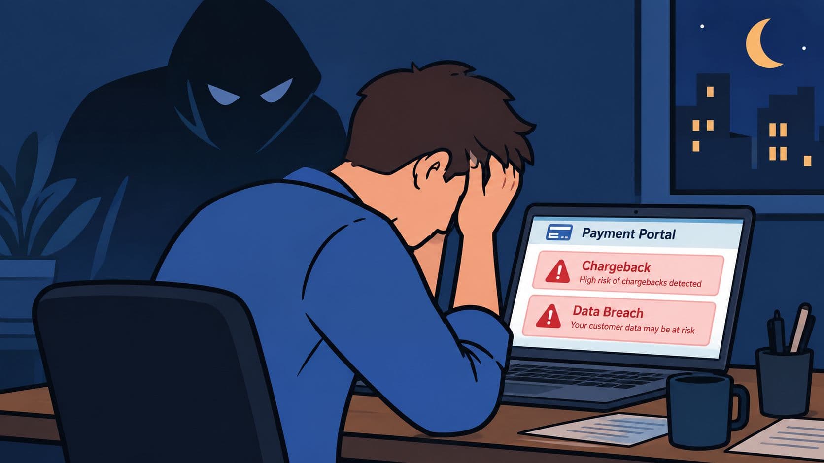 A distressed businessman looking at a computer screen showing chargeback and data breach alerts with a shadowed figure.
