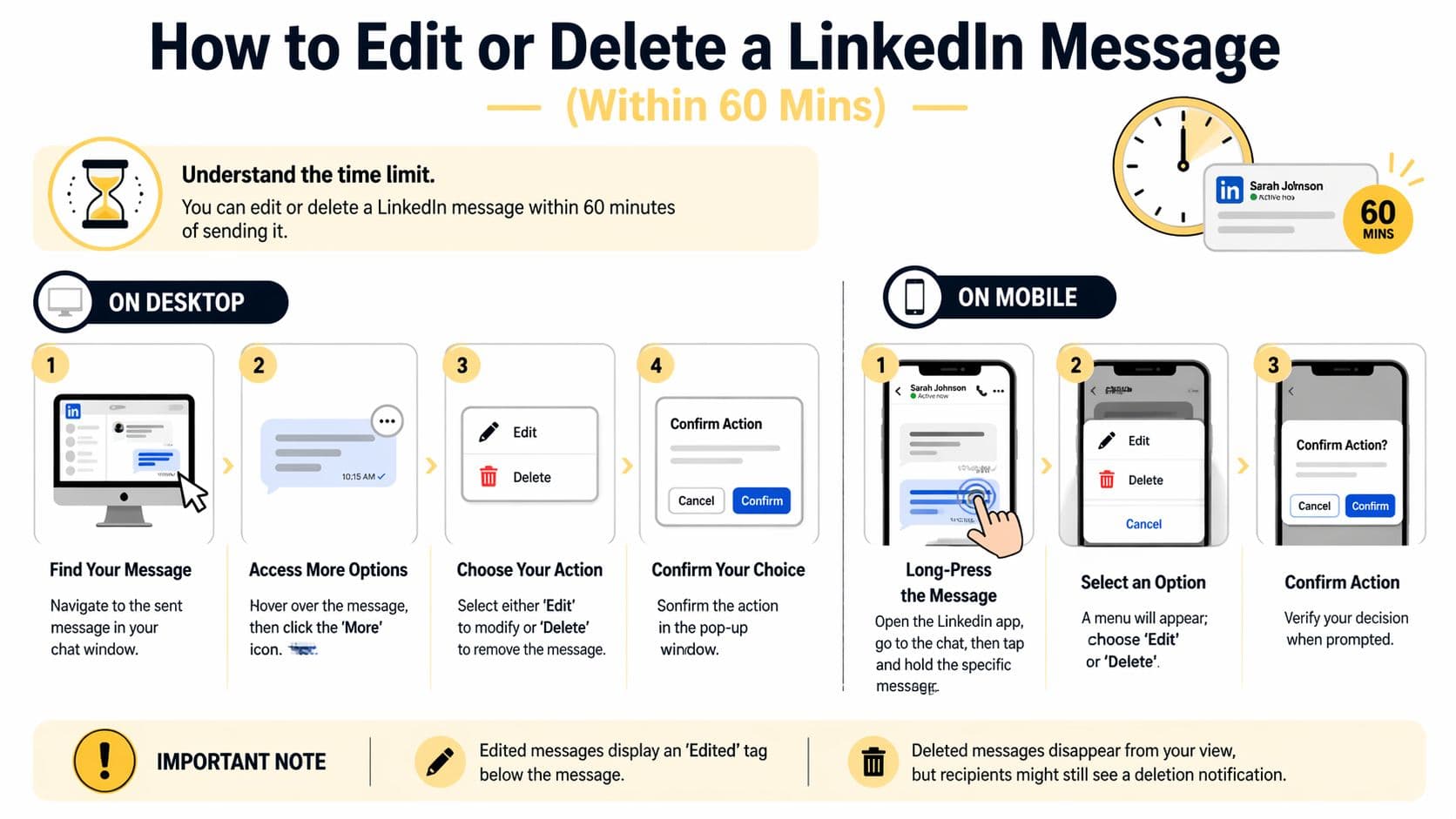 An infographic showing instructions on how to edit or delete a LinkedIn message on desktop and mobile.