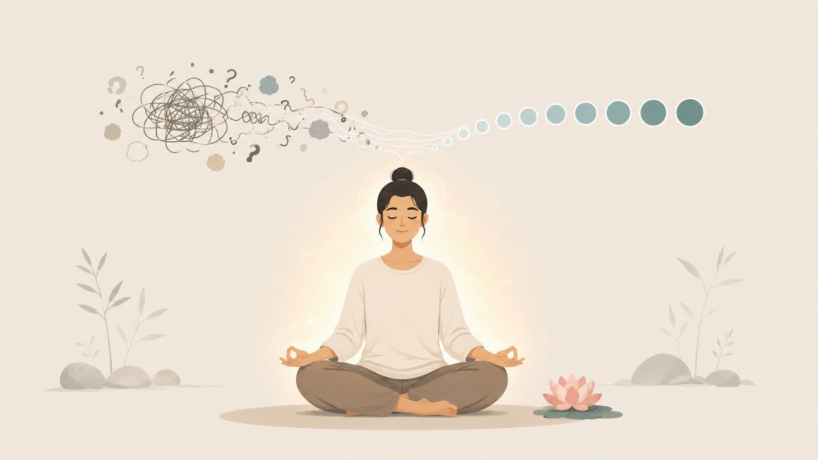 A peaceful woman meditating to clear chaotic thoughts into a calm, orderly sequence of dots.