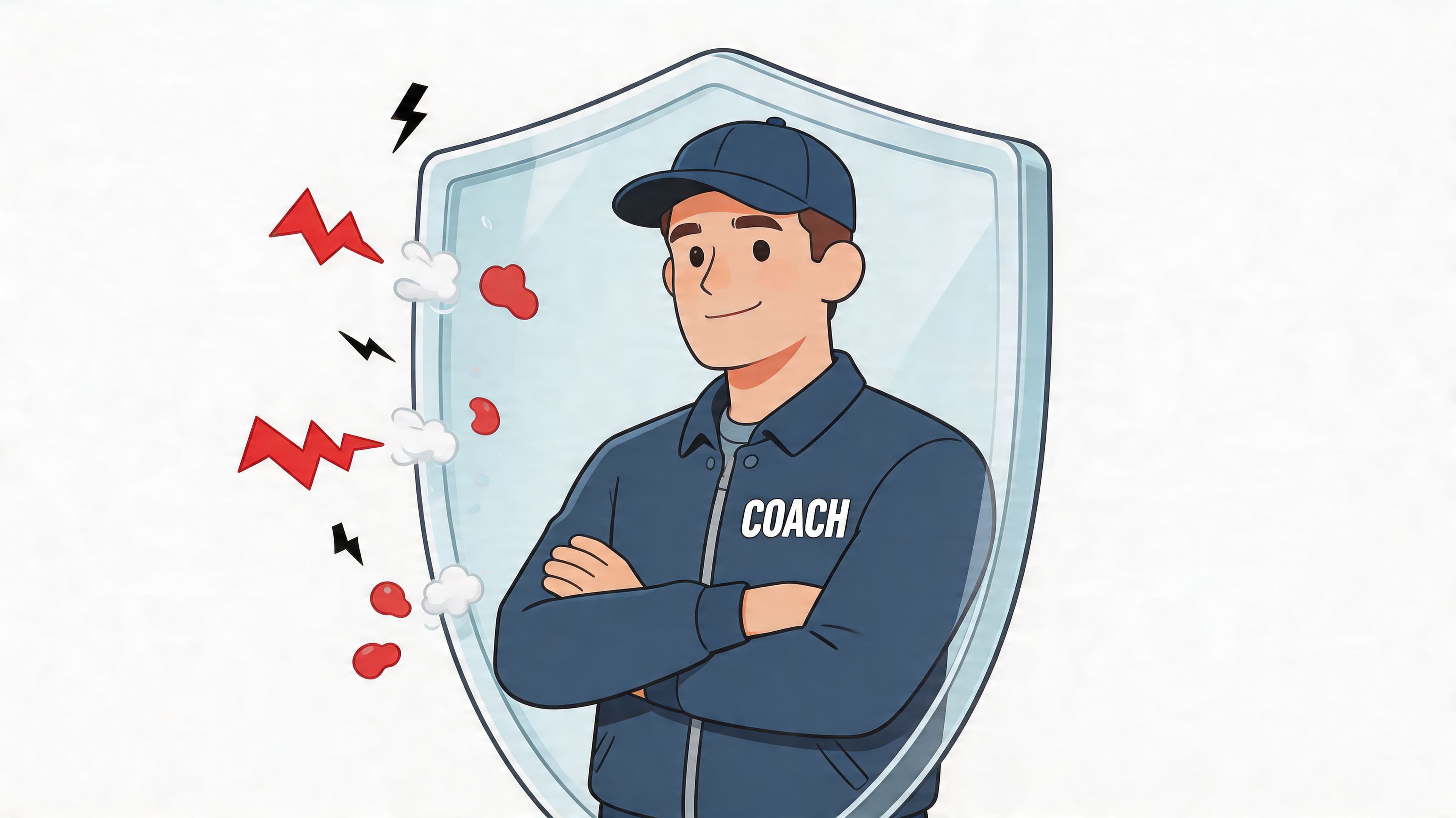 A cartoon illustration of a coach standing behind a protective shield, symbolizing guidance and professional business security.