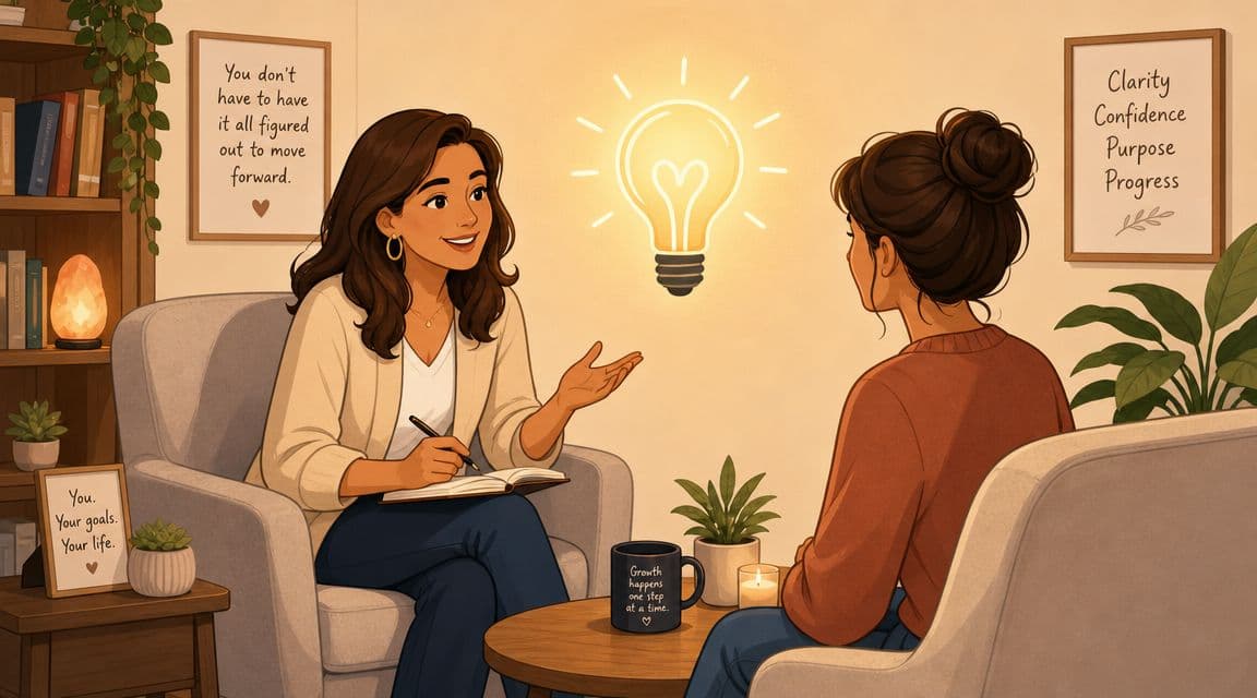 A professional life coach consulting a woman while taking notes during a warm, supportive office session.