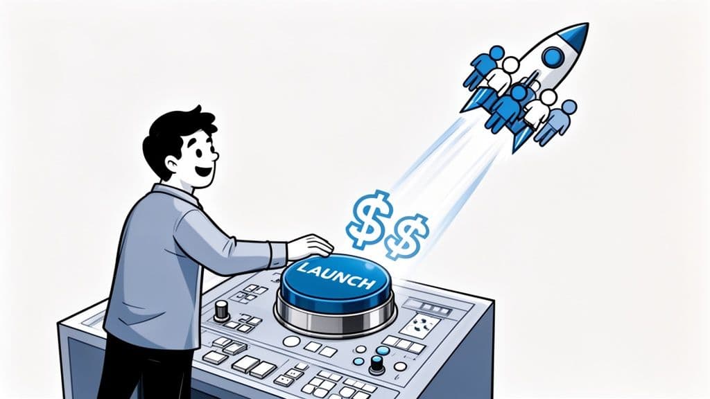 A person pressing a launch button on a control panel to propel a group of people upward.