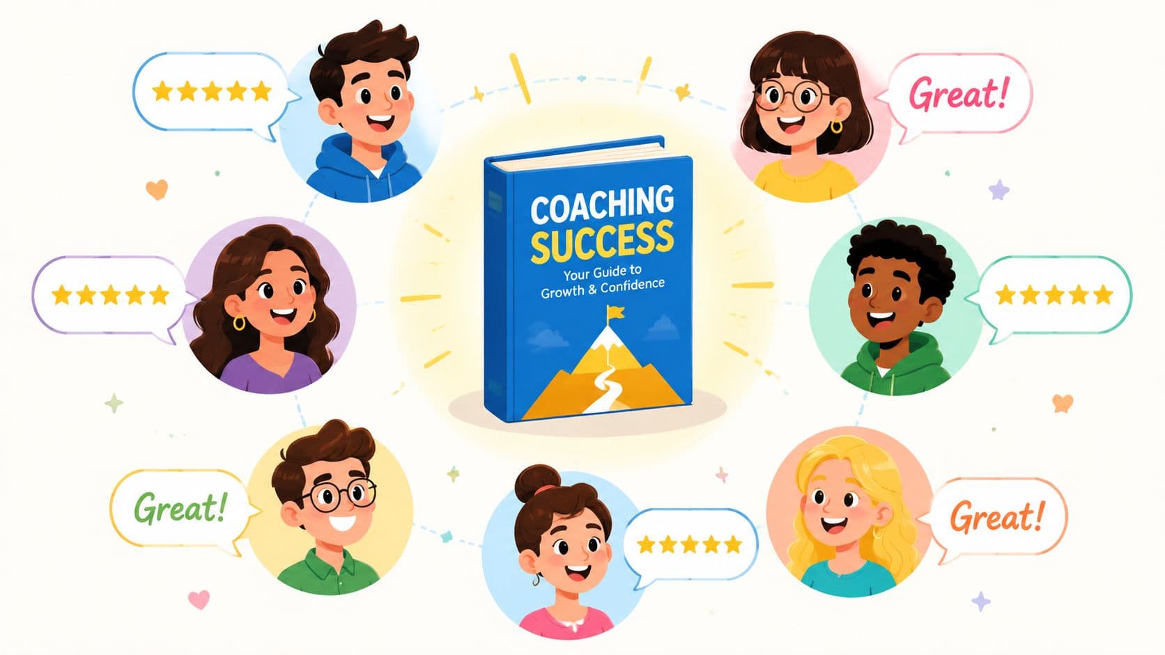 A blue book titled Coaching Success surrounded by happy cartoon people giving five-star reviews and feedback.