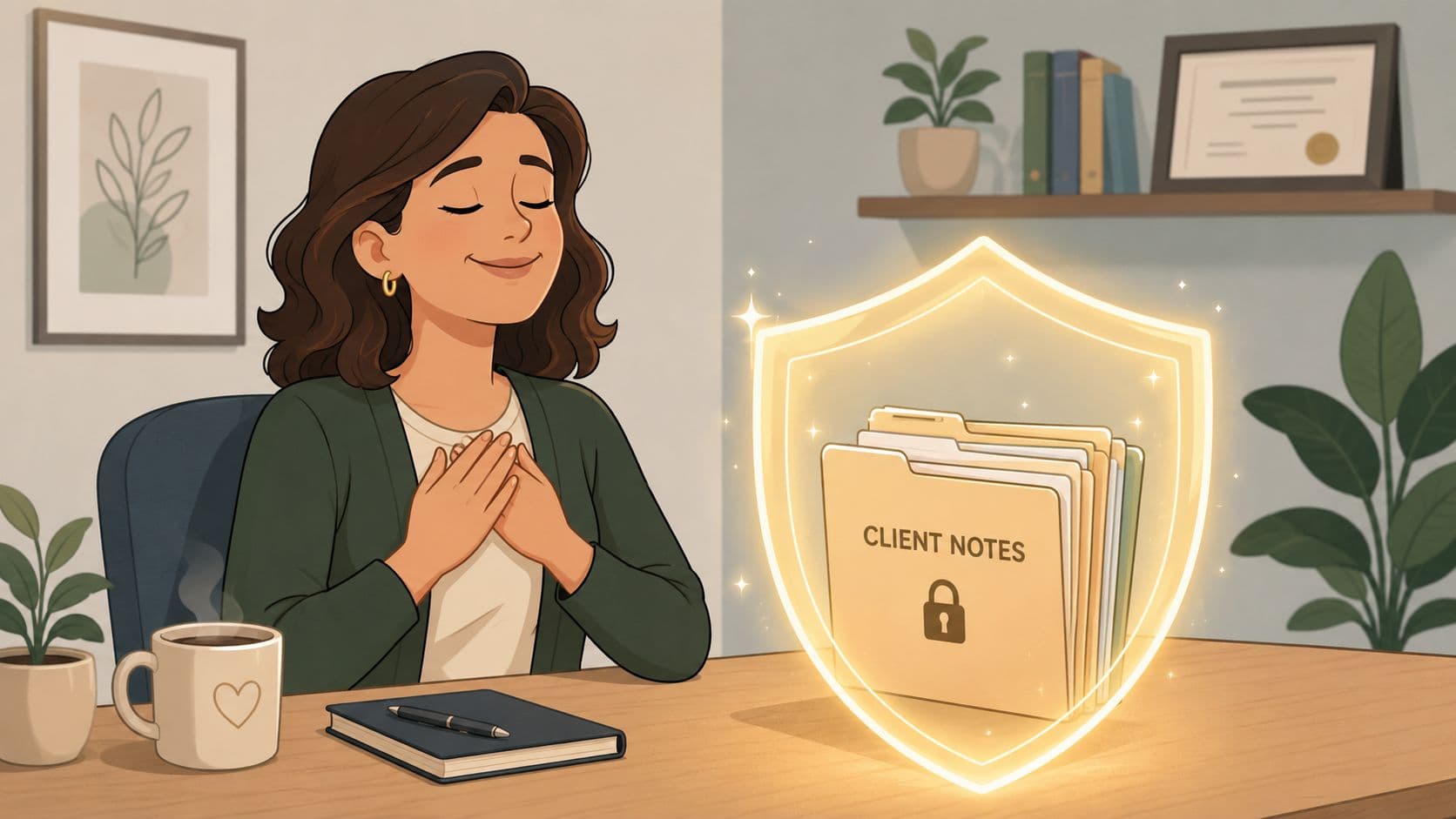 A therapist sits calmly with hands over her heart next to a protected folder of client notes.
