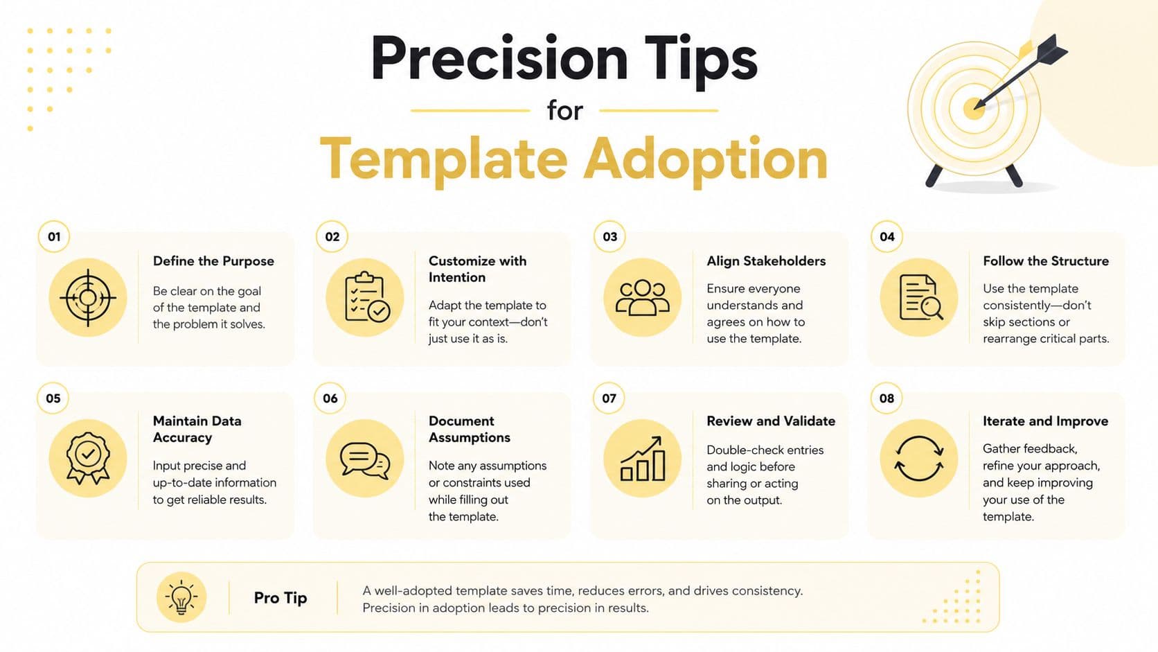 A professional infographic titled Precision Tips for Template Adoption featuring eight numbered steps for successful implementation.