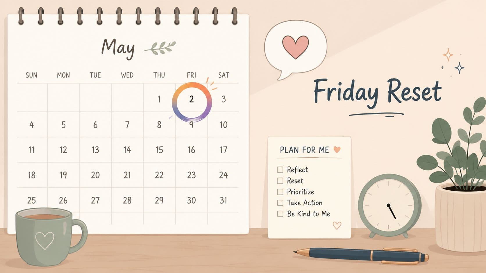 A digital May calendar with a Friday Reset plan, a mug, and office supplies on a desk.