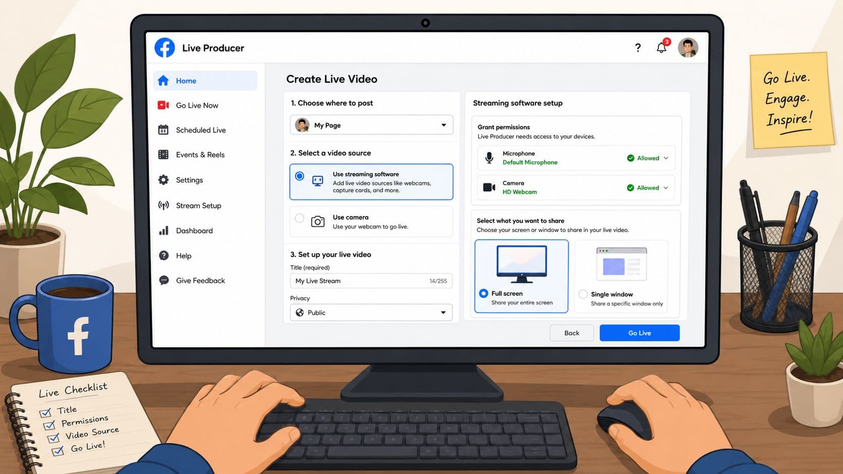 A computer screen showing Facebook Live Producer interface to set up a live video stream.