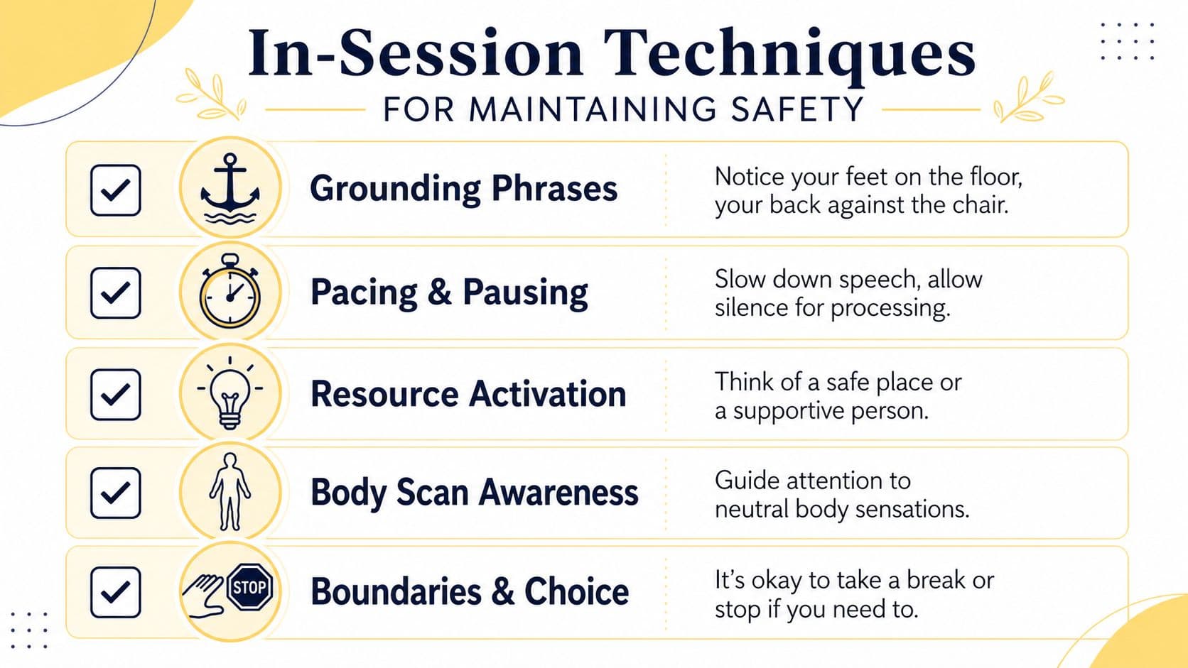 A list of five essential in-session techniques for maintaining safety and regulation during therapy or coaching sessions.