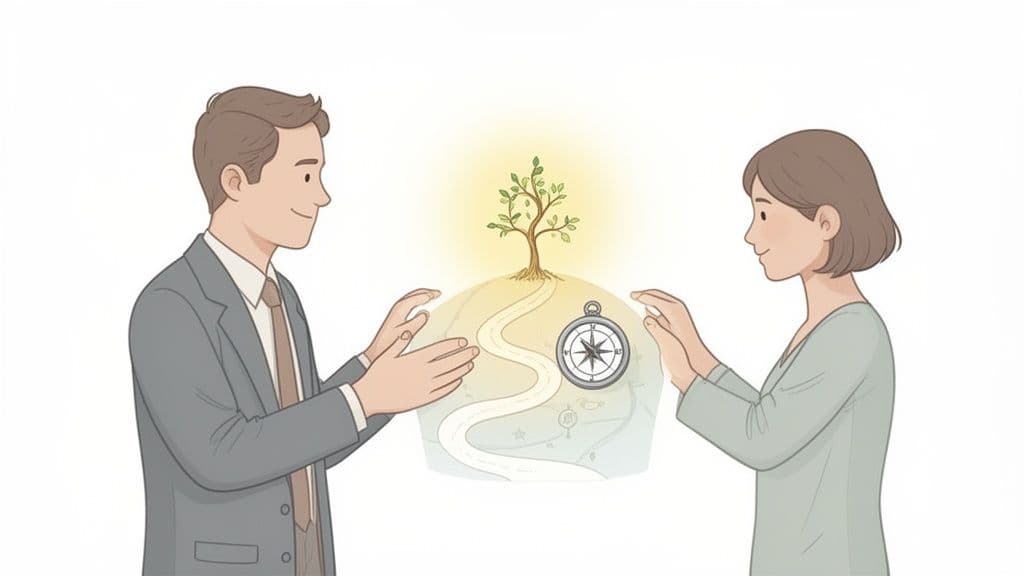 Two professionals, a man and a woman, collaborating on a life path, symbolized by a tree, path, and compass.