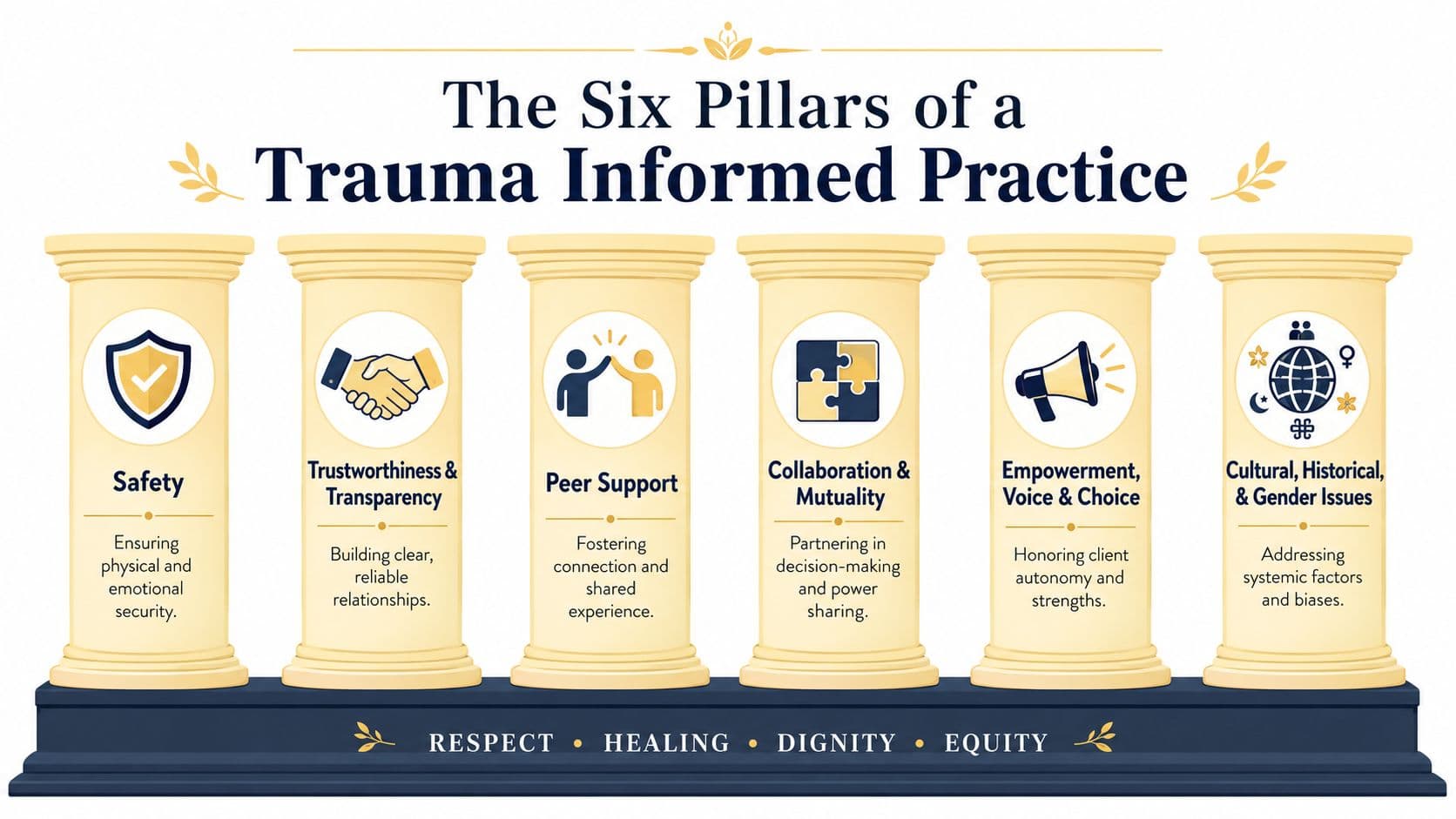 An infographic titled The Six Pillars of a Trauma Informed Practice depicting six pillars with icons and descriptions.