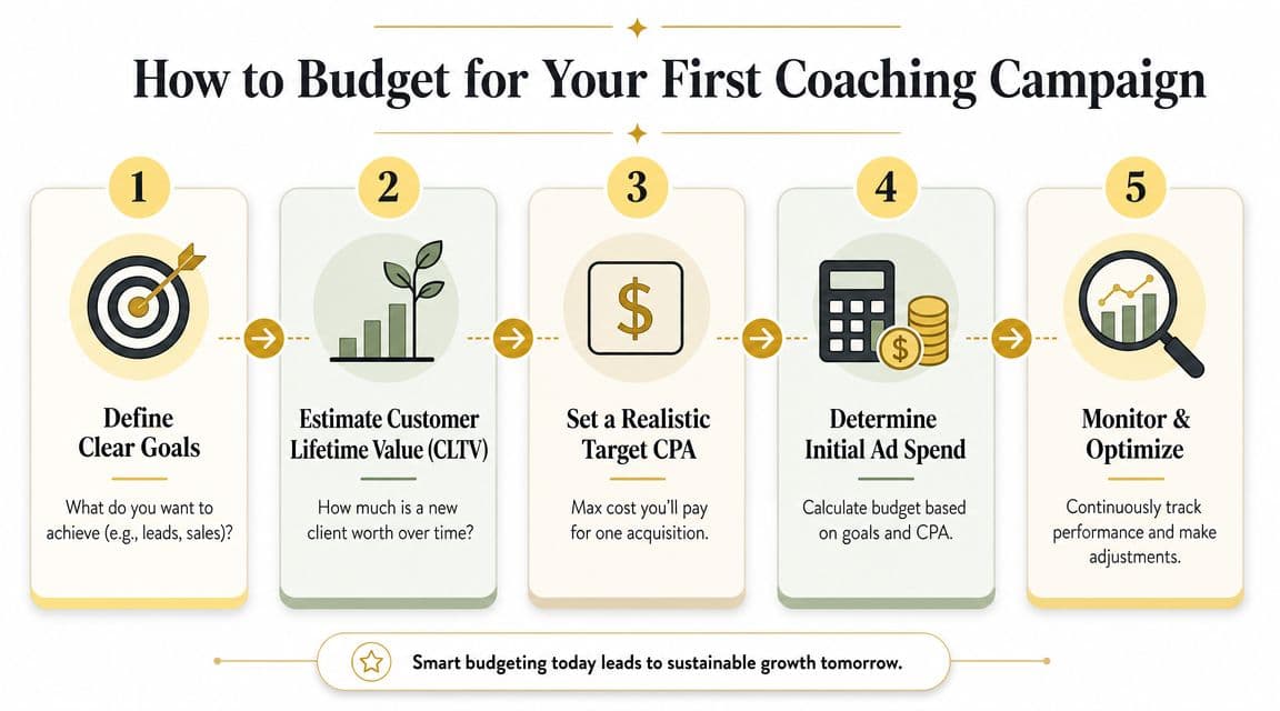 An infographic titled How to Budget for Your First Coaching Campaign outlining five essential steps for advertising.