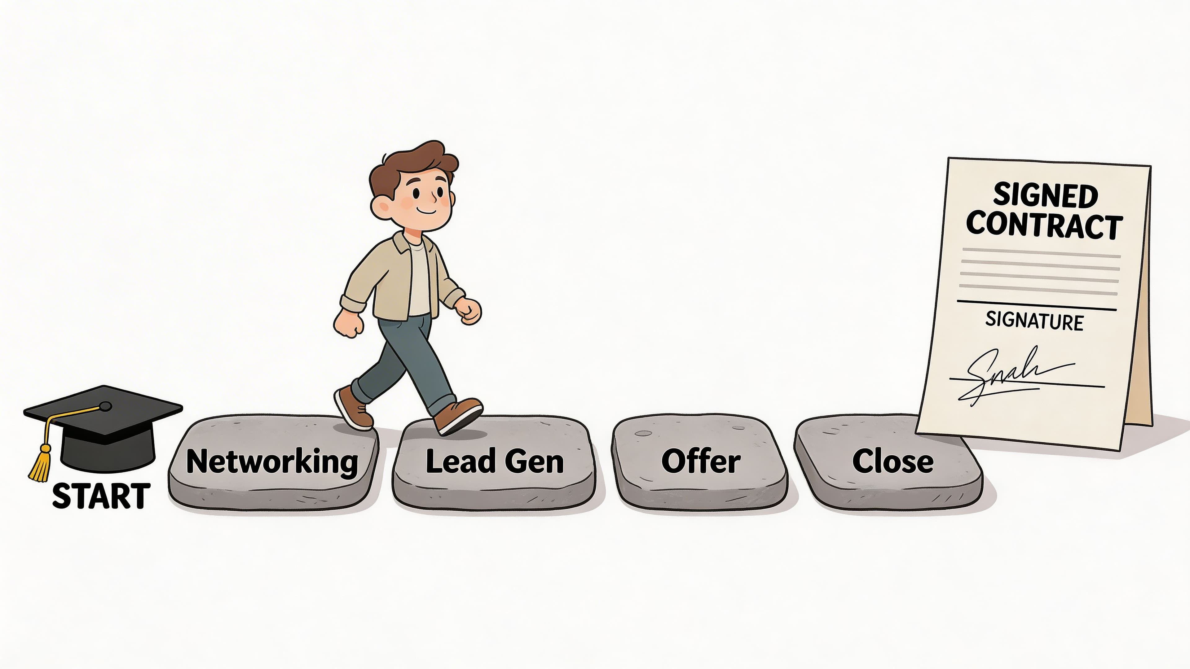 A cartoon illustration showing a person walking across stepping stones representing the real estate wholesaling sales process.