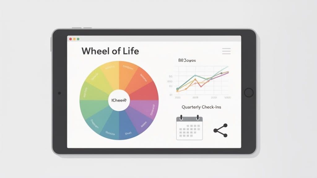 A tablet displays a 'Wheel of Life' diagram, a line graph, calendar icon, and share icon on a white background.