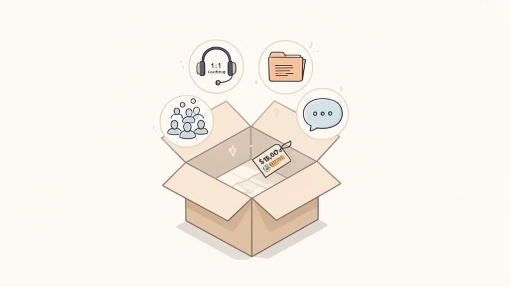 An open box featuring icons for 1:1 coaching, community, resources, and chat, with an exclusive price tag.