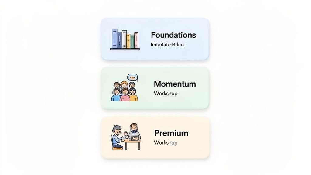 Three colorful cards showcasing different program tiers: Foundations with books, Momentum with a group, and Premium with a mentor.