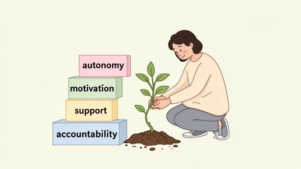 A person planting a small tree next to stacked blocks labeled accountability, support,motivation, and autonomy.