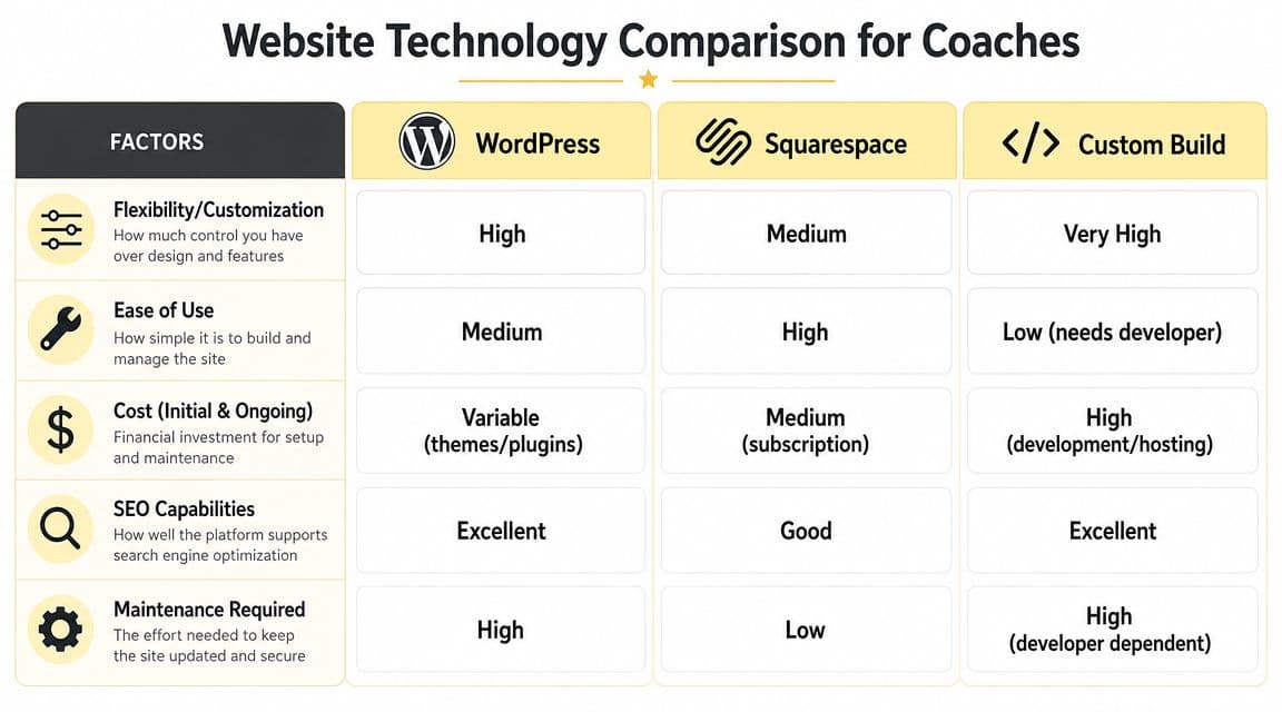 A comparison chart of website building technologies for coaches, evaluating WordPress, Squarespace, and custom builds.