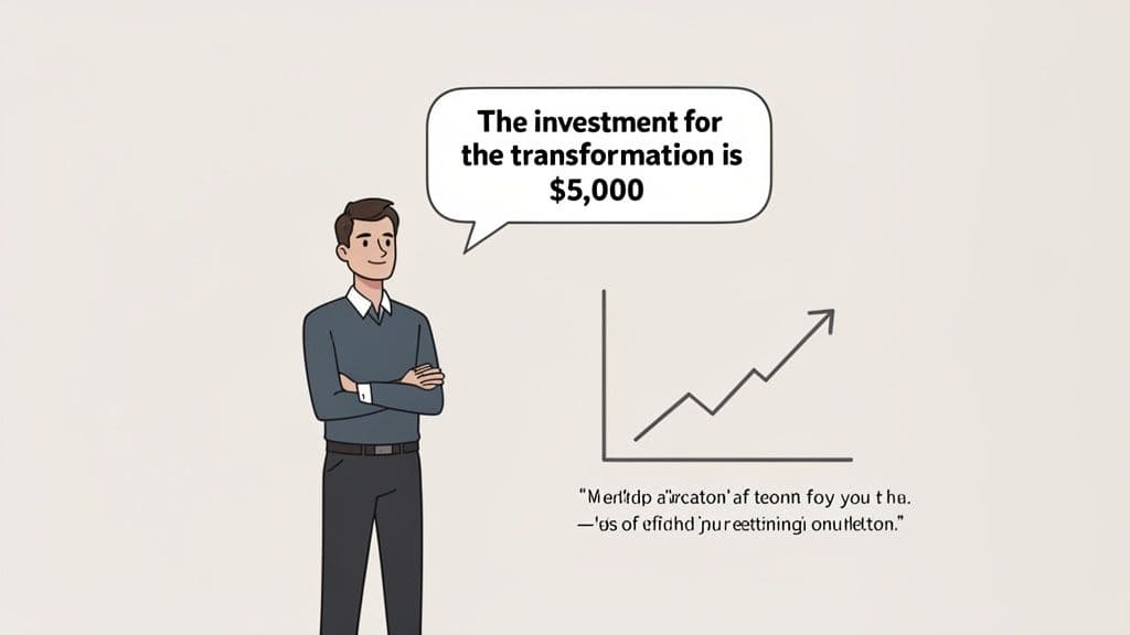 An illustration of a man discussing a $5,000 transformation investment next to an upward trend graph.