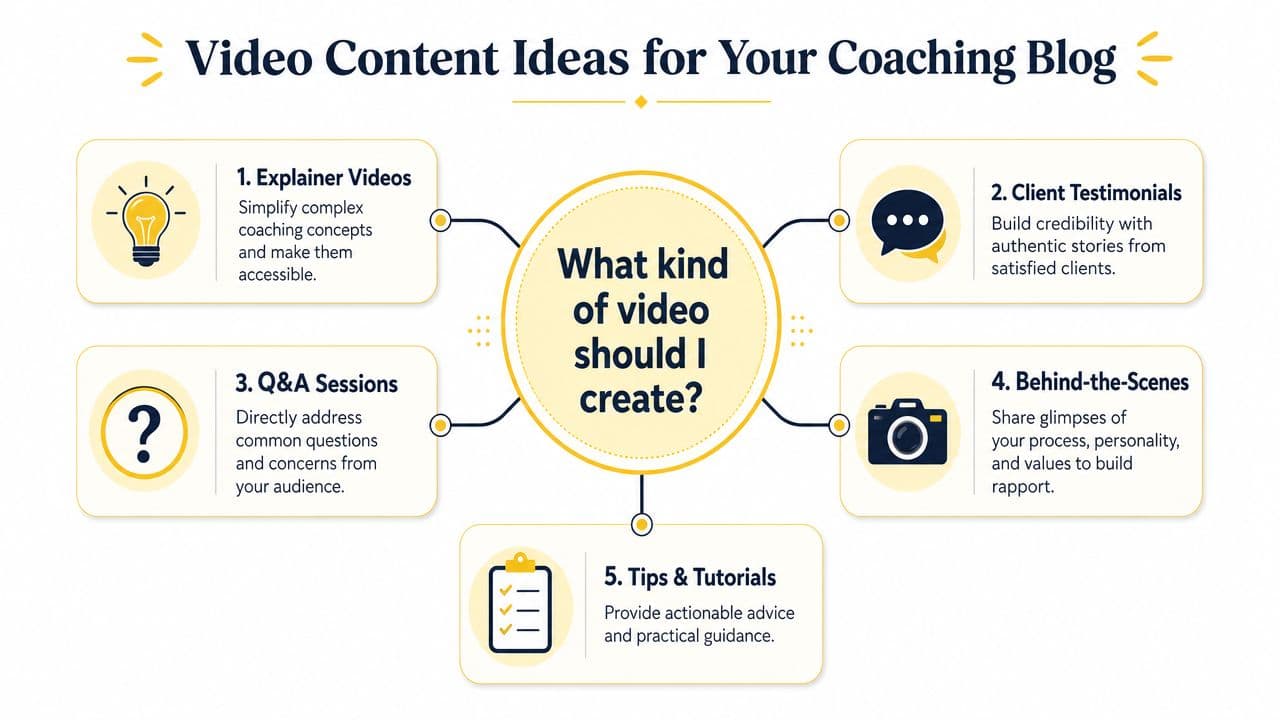 An infographic showing five video content ideas for a coaching blog including tutorials and client testimonials.