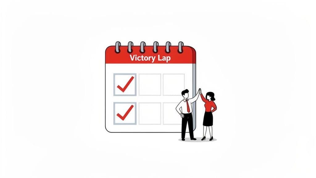 Two people high-fiving next to a calendar with 'Victory Lap' and checked boxes, symbolizing achievement.