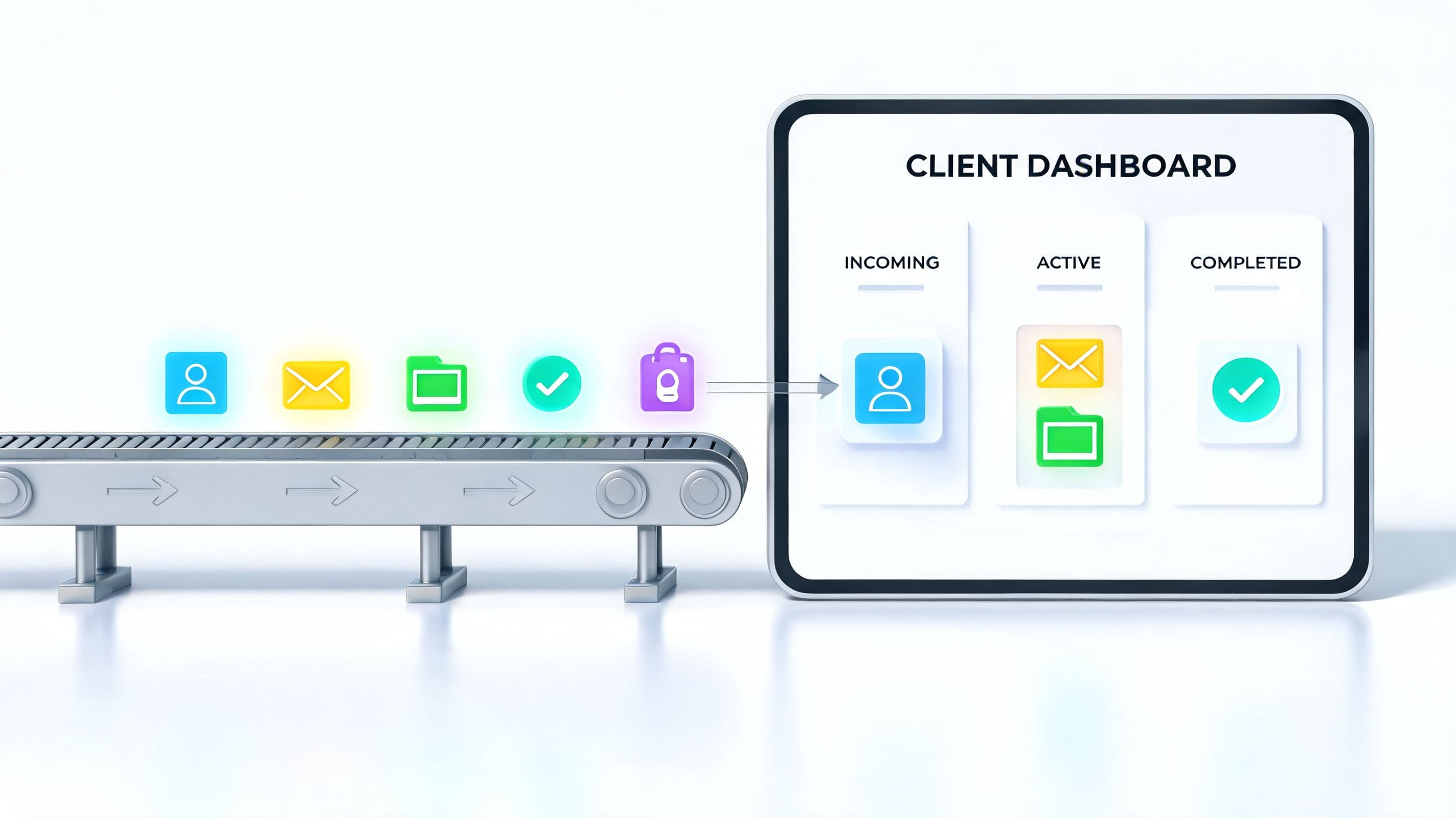 A 3D illustration showing a conveyor belt moving digital icons into a client dashboard interface.