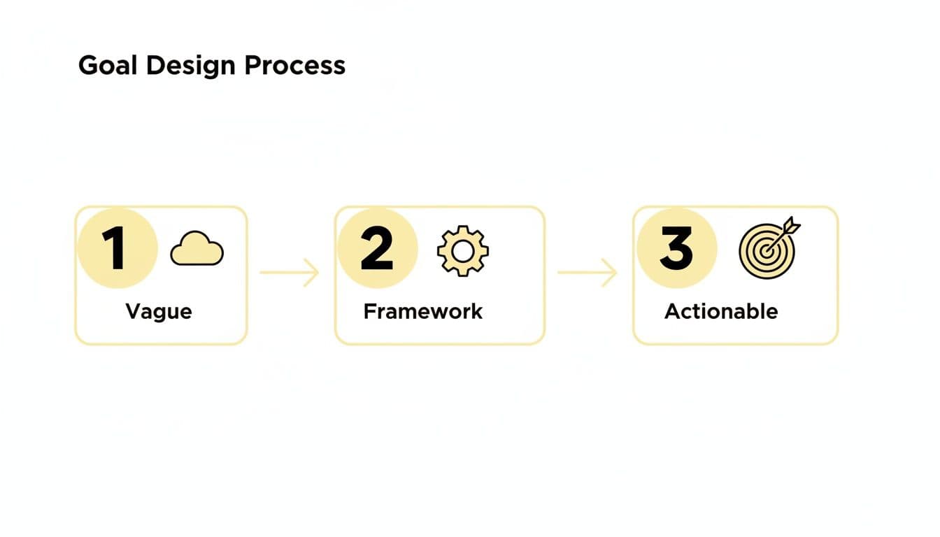A visual guide illustrating the goal design process from vague ideas to actionable plans through a framework.
