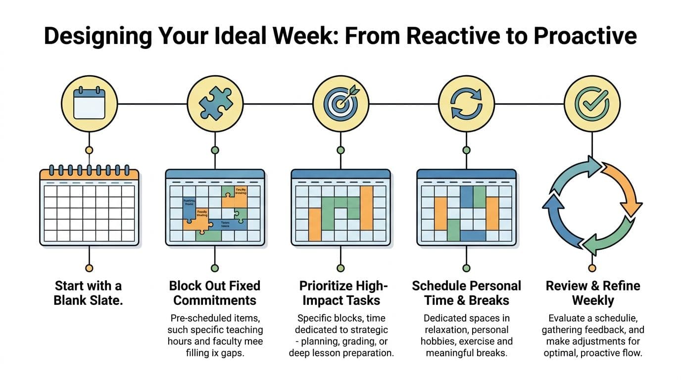A step-by-step infographic titled Designing Your Ideal Week, showing how to transition from reactive to proactive scheduling.