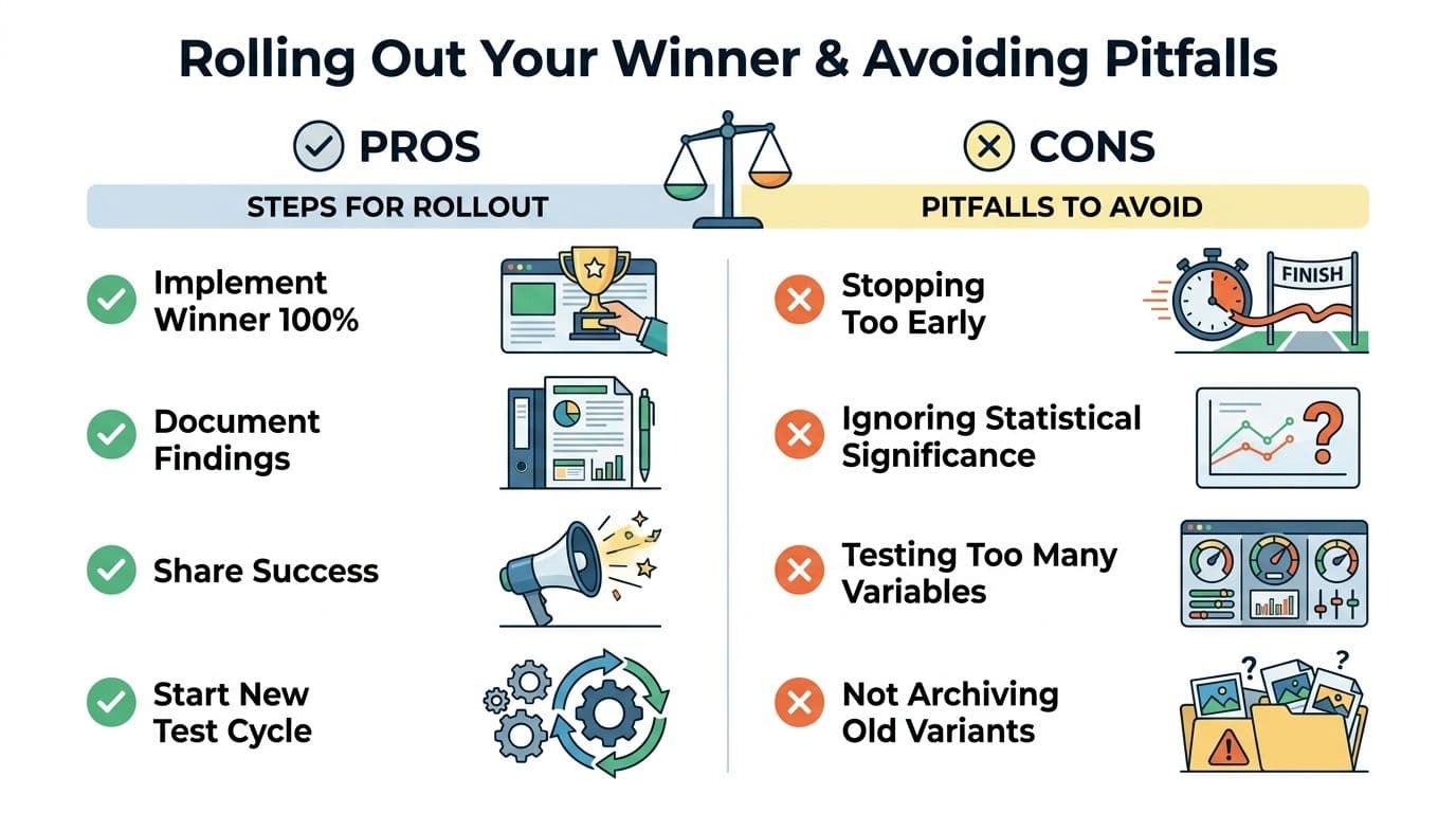 A split test rollout guide illustrating pros and cons for optimizing landing page testing strategies.