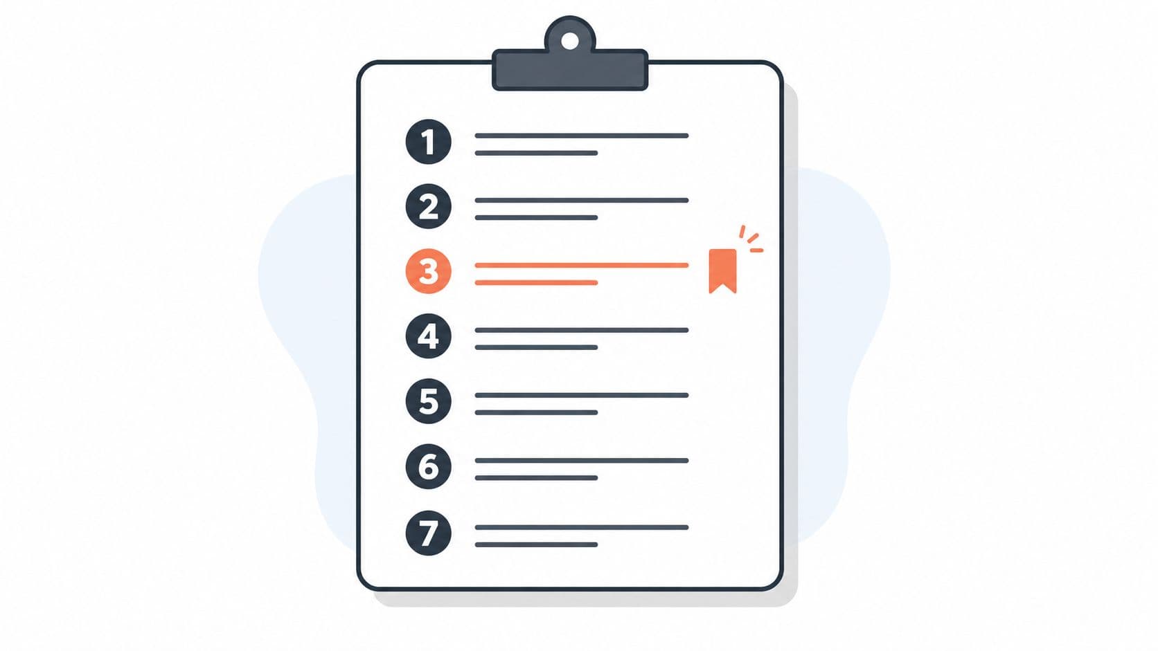 A checklist on a clipboard with seven numbered items, highlighting the third item with an orange bookmark icon.