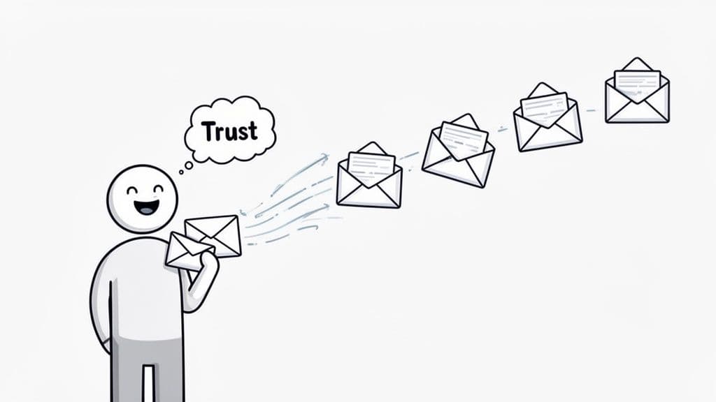 A cartoon character smiling while sending emails with a thought bubble labeled Trust representing email marketing.