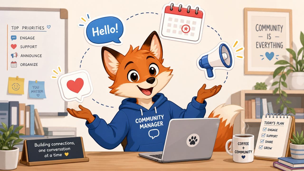 A friendly fox character acting as a community manager, surrounded by digital marketing and engagement icons.