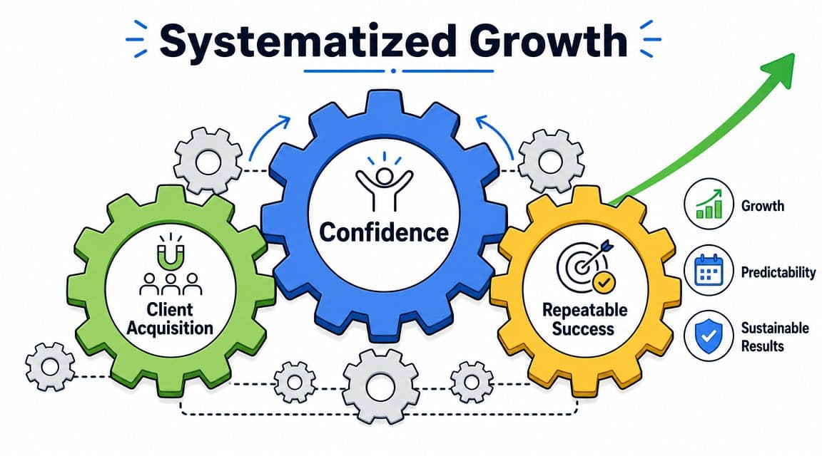 A diagram showing three interlocking gears representing client acquisition, confidence, and repeatable success leading to business growth.